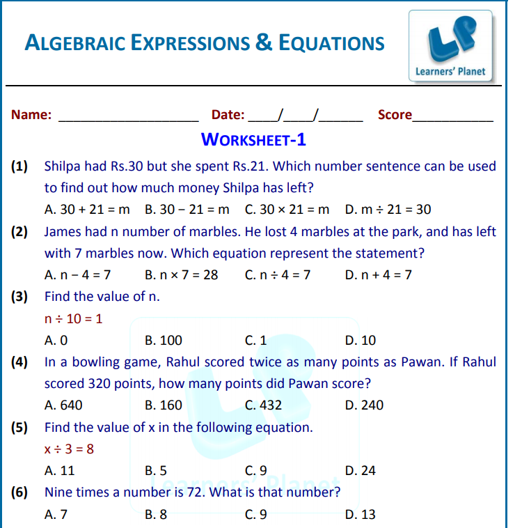 Printable worksheet on Algebraic expression and simple equations